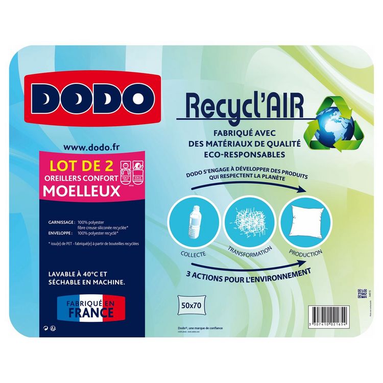 Meilleure vente ???? DODO Lot De 2 Oreillers Confort Moelleux RECYCL'AIR ???? 2 Meilleure vente ???? DODO Lot De 2 Oreillers Confort Moelleux RECYCL'AIR ???? – Image 2