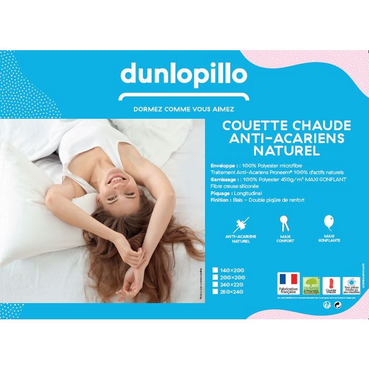 Remise ???? DUNLOPILLO Couette Synthétique Chaude En Polyester Traitement Anti-acariens PRONEEM 450 G/m² ???? 2 Remise ???? DUNLOPILLO Couette Synthétique Chaude En Polyester Traitement Anti-acariens PRONEEM 450 G/m² ???? – Image 2