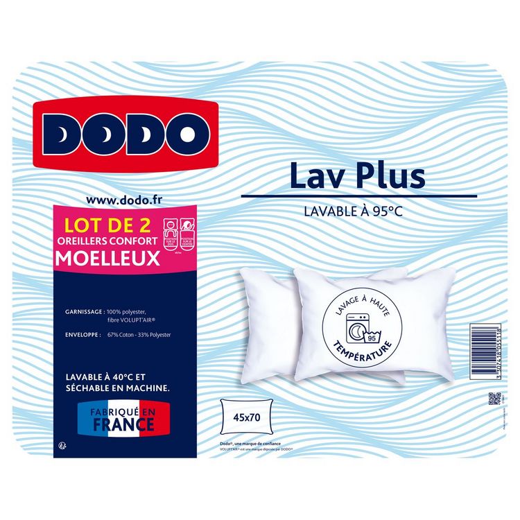 De gros ⌛ DODO Lot De 2 Oreillers Confort Moelleux En Polyester Lavable à 95°C LAV' PLUS ???? 2 De gros ⌛ DODO Lot De 2 Oreillers Confort Moelleux En Polyester Lavable à 95°C LAV' PLUS ???? – Image 2